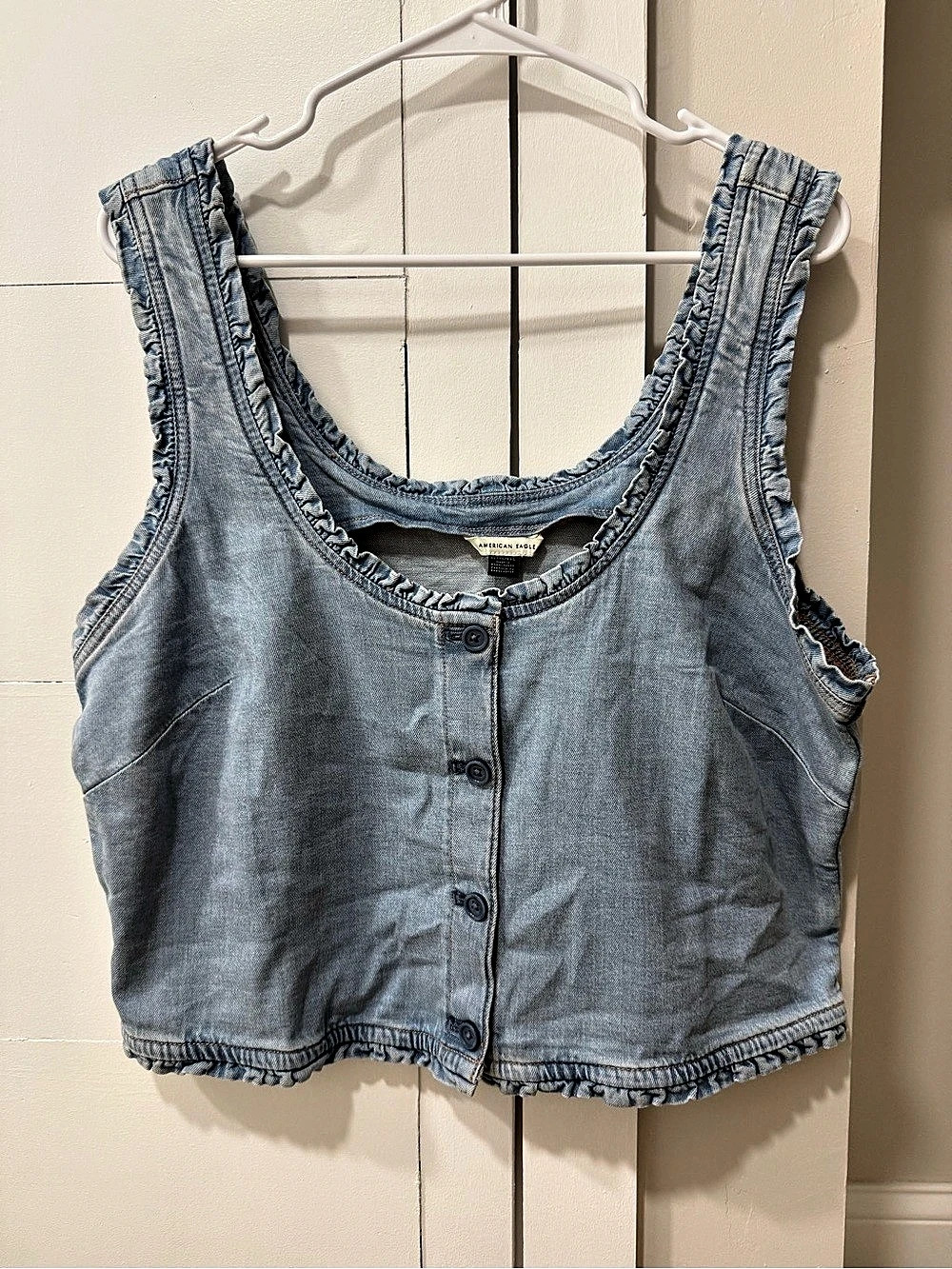American Eagle AE Cropped Ruffle Trim Denim Tank Top Blue XL.
